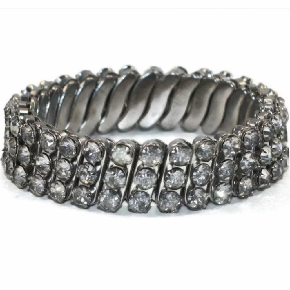 Vintage Art Deco Silver Prong Set Crystal Rhinestone Watch Band Stretch Bracelet